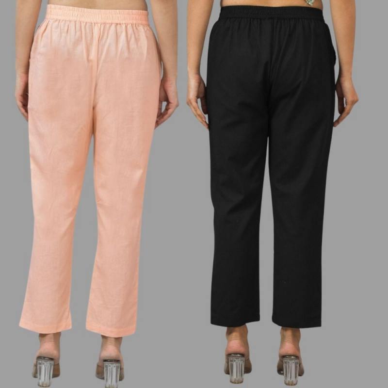 Combo of 2 Peach and Black Cotton Flax Women Trouser Pants-11359