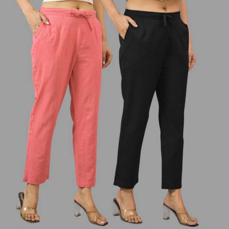 Combo of 2 Peach and Black Cotton Flax Women Trouser Pants-11396
