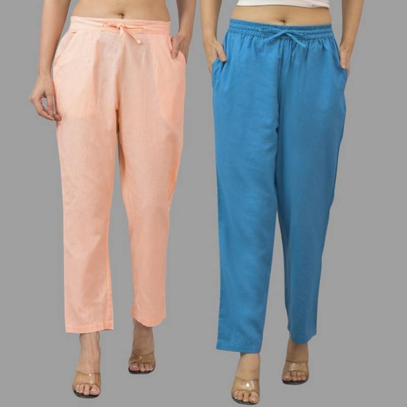 Combo of 2 Peach and Blue Cotton Flax Women Trouser Pants-11372