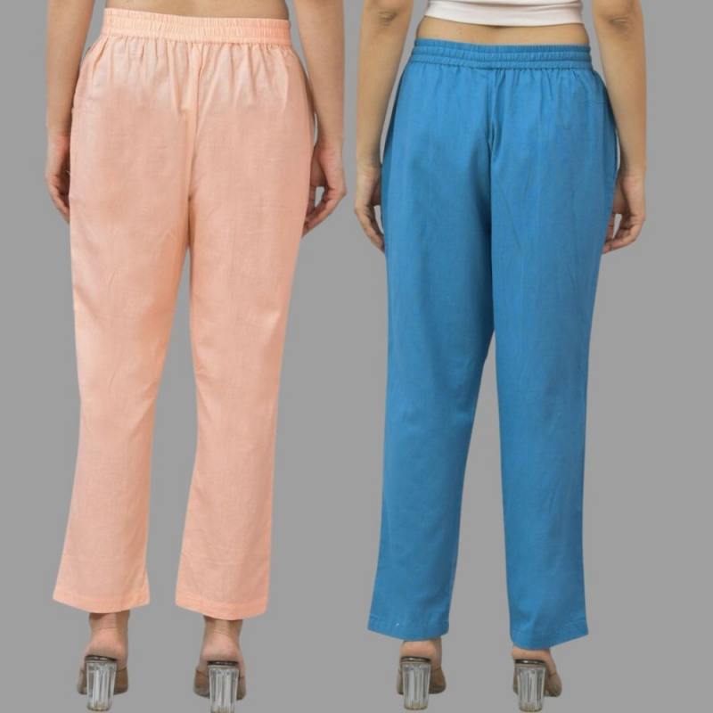 Combo of 2 Peach and Blue Cotton Flax Women Trouser Pants-11372