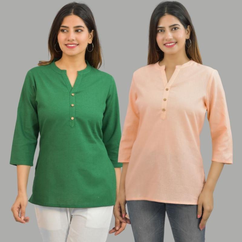 Combo of 2 Peach and Bottle Green Cotton Flax Women Top-10638