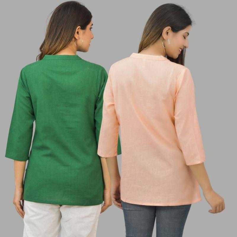Combo of 2 Peach and Bottle Green Cotton Flax Women Top-10638