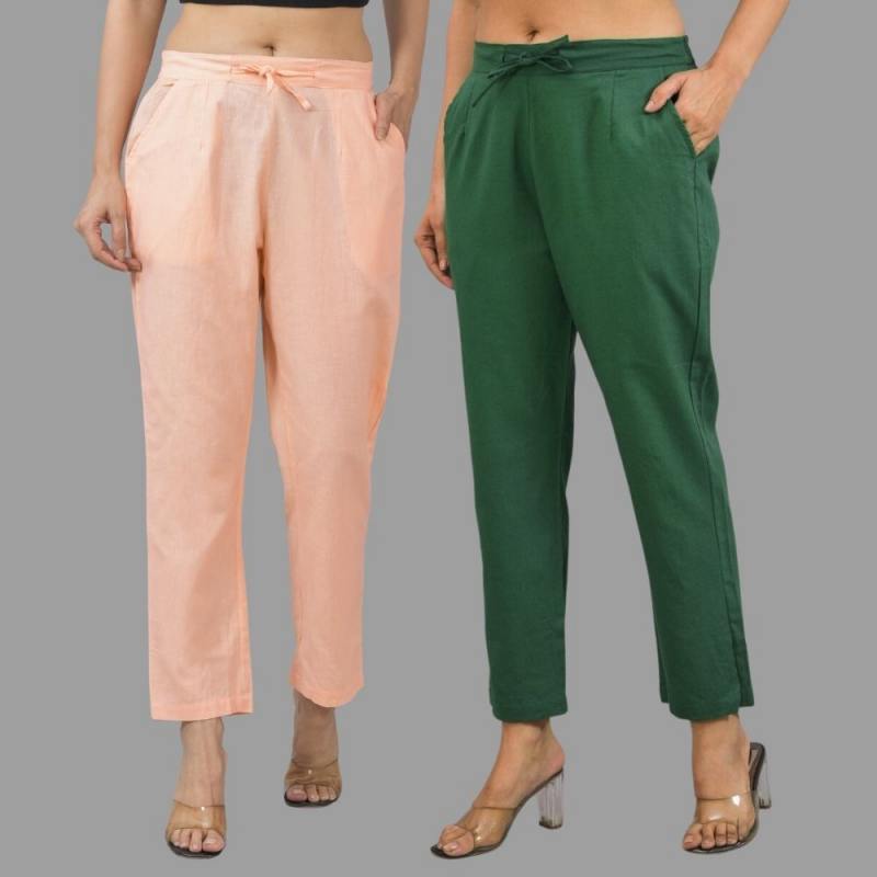 Combo of 2 Peach and Bottle Green Cotton Flax Women Trouser Pants-11361