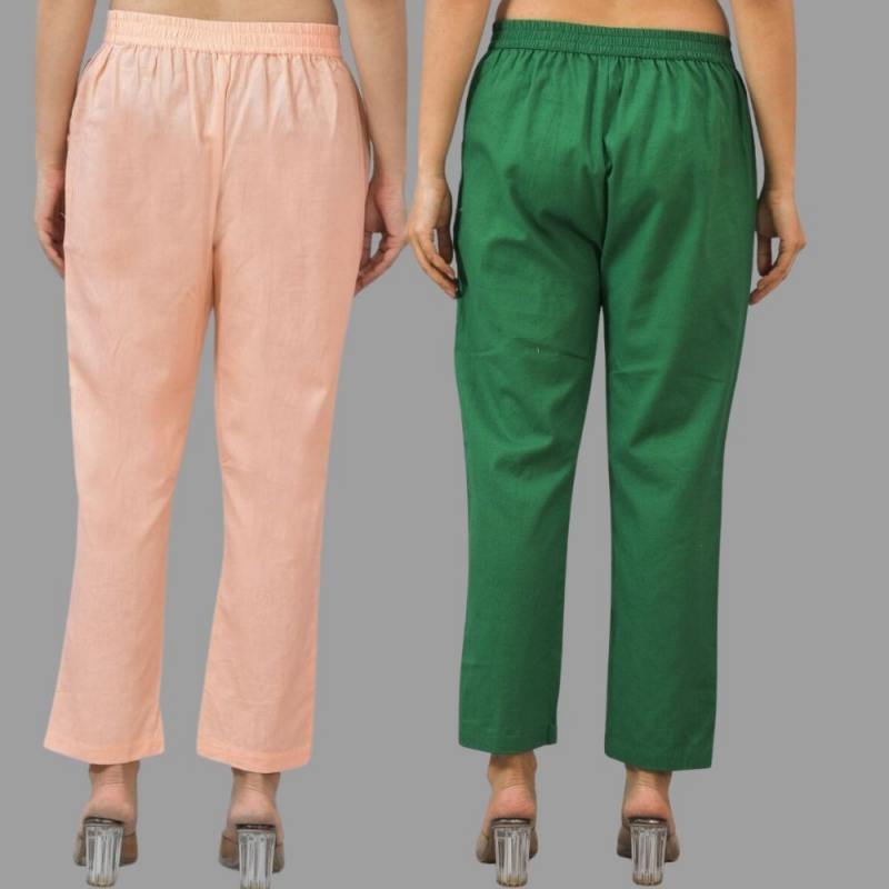 Combo of 2 Peach and Bottle Green Cotton Flax Women Trouser Pants-11361