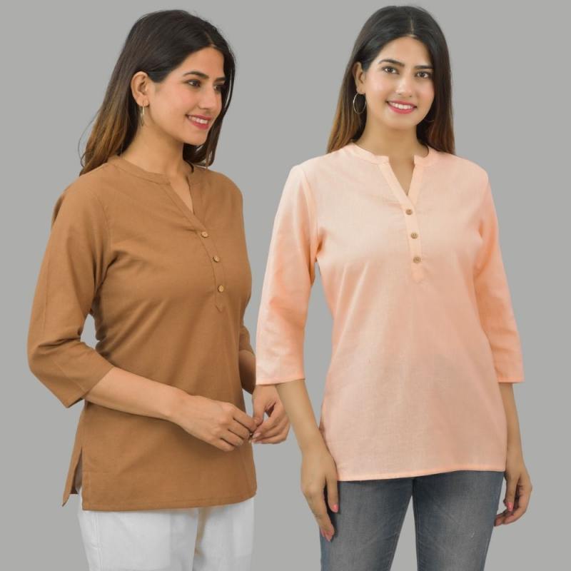 Combo of 2 Peach and Brown Cotton Flax Women Top-10656
