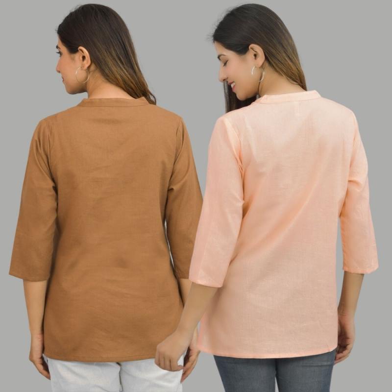 Combo of 2 Peach and Brown Cotton Flax Women Top-10656