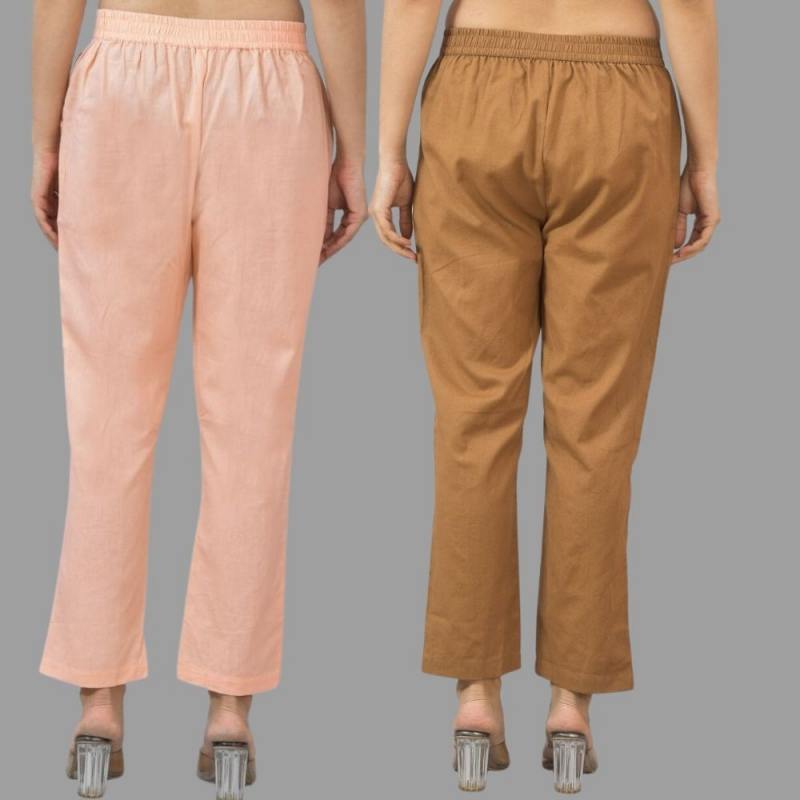 Combo of 2 Peach and Brown Cotton Flax Women Trouser Pants-11362