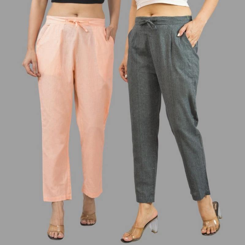 Combo of 2 Peach and Dark Gray Cotton Flax Women Trouser Pants-11357