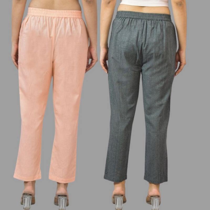 Combo of 2 Peach and Dark Gray Cotton Flax Women Trouser Pants-11357