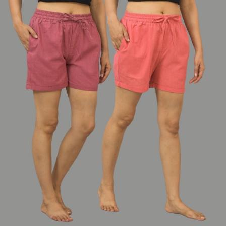 Combo of 2 Peach and Dark Pink Cotton Women Shorts-10540