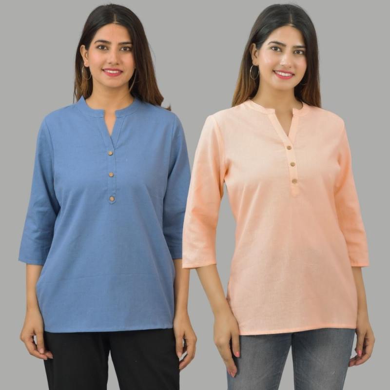 Combo of 2 Peach and Denim Blue Cotton Flax Women Top-10674