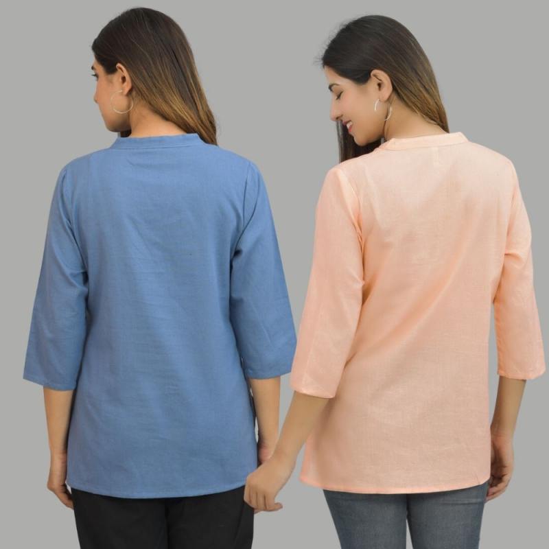 Combo of 2 Peach and Denim Blue Cotton Flax Women Top-10674