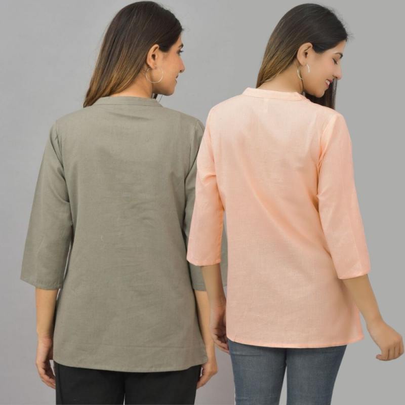 Combo of 2 Peach and Gray Cotton Flax Women Top-10632
