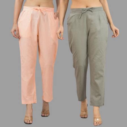 Combo of 2 Peach and Gray Cotton Flax Women Trouser Pants-11364
