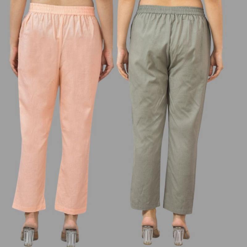 Combo of 2 Peach and Gray Cotton Flax Women Trouser Pants-11364