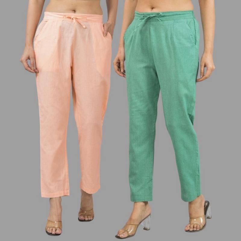 Combo of 2 Peach and Green Cotton Flax Women Trouser Pants-11363