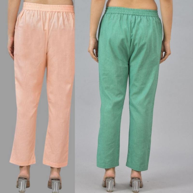 Combo of 2 Peach and Green Cotton Flax Women Trouser Pants-11363