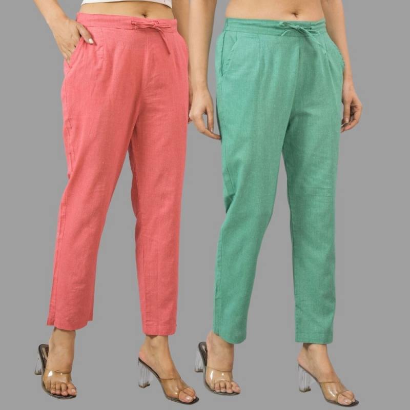 Combo of 2 Peach and Green Cotton Flax Women Trouser Pants-11400