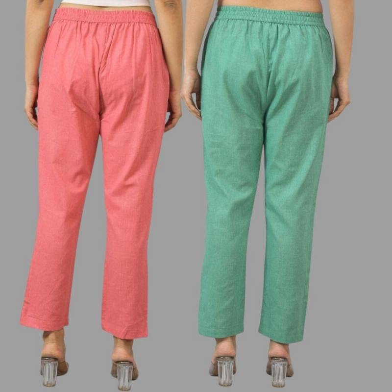Combo of 2 Peach and Green Cotton Flax Women Trouser Pants-11400