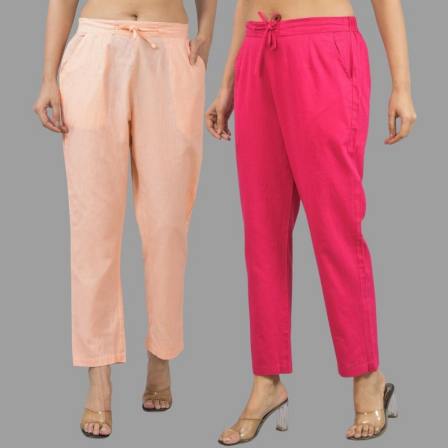 Combo of 2 Peach and Magenta Pink Cotton Flax Women Trouser Pants-11366