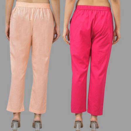 Combo of 2 Peach and Magenta Pink Cotton Flax Women Trouser Pants-11366