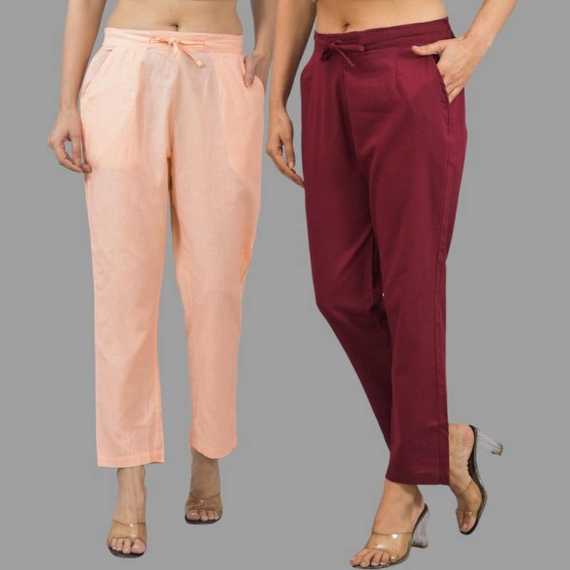 Combo of 2 Peach and Maroon Cotton Flax Women Trouser Pants-11365