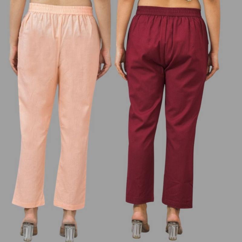 Combo of 2 Peach and Maroon Cotton Flax Women Trouser Pants-11365