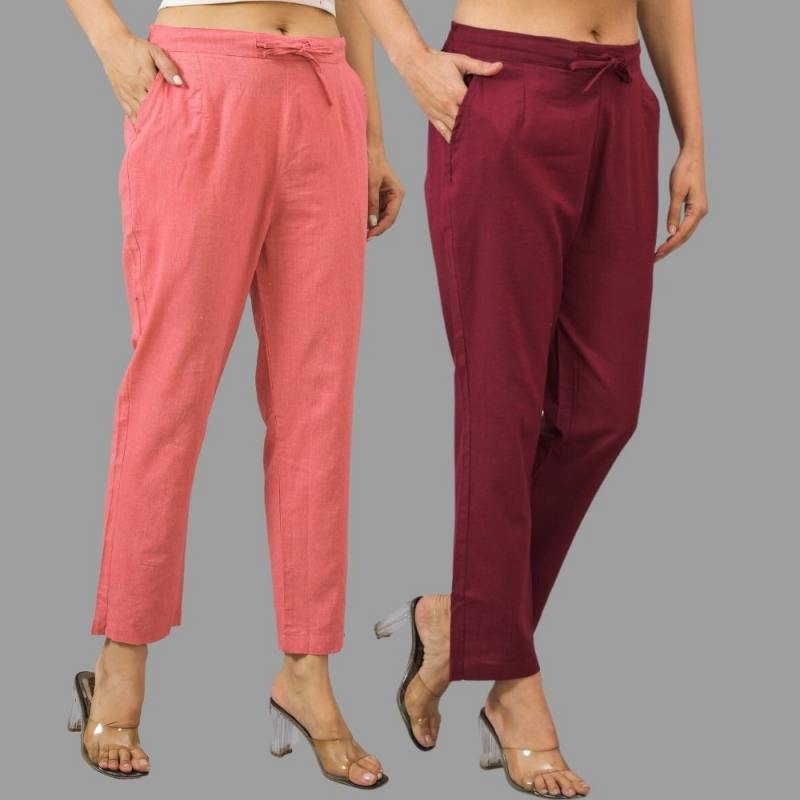Combo of 2 Peach and Maroon Cotton Flax Women Trouser Pants-11402