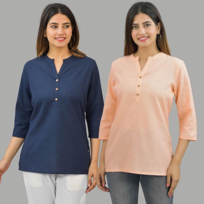 Combo of 2 Peach and Navy Blue Cotton Flax Women Top-10644