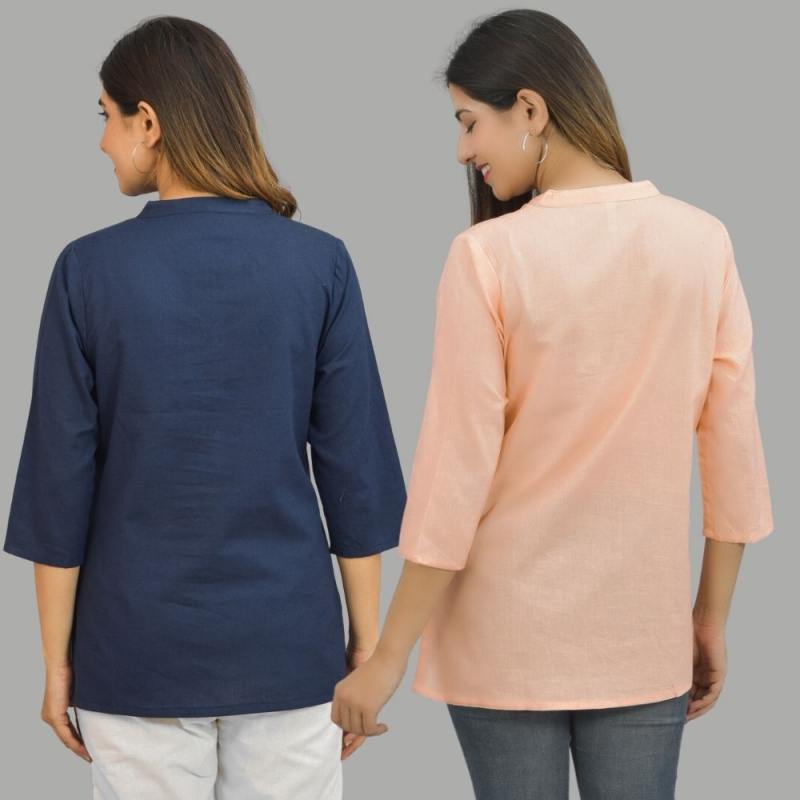 Combo of 2 Peach and Navy Blue Cotton Flax Women Top-10644