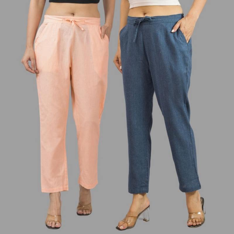 Combo of 2 Peach and Navy Blue Cotton Flax Women Trouser Pants-11358