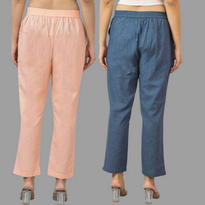 Combo of 2 Peach and Navy Blue Cotton Flax Women Trouser Pants-11358