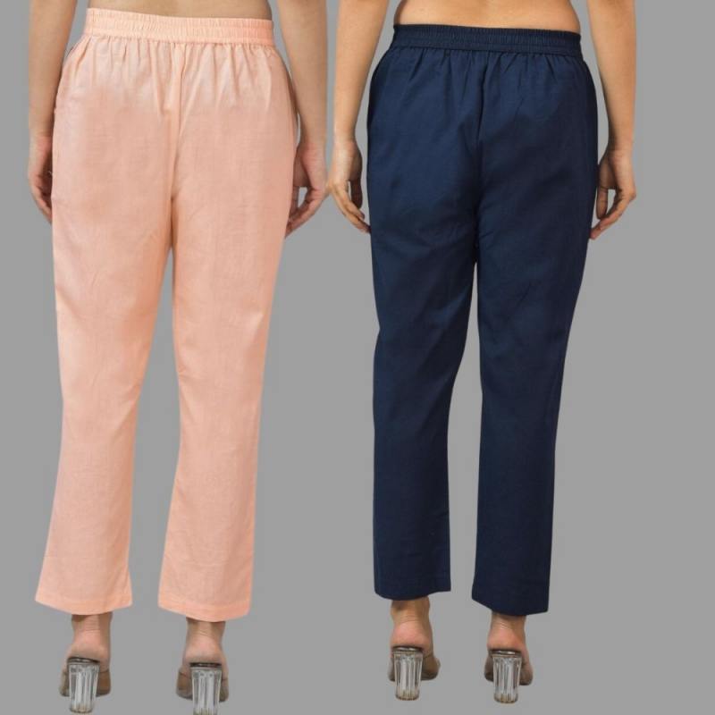 Combo of 2 Peach and Navy Blue Cotton Flax Women Trouser Pants-11367
