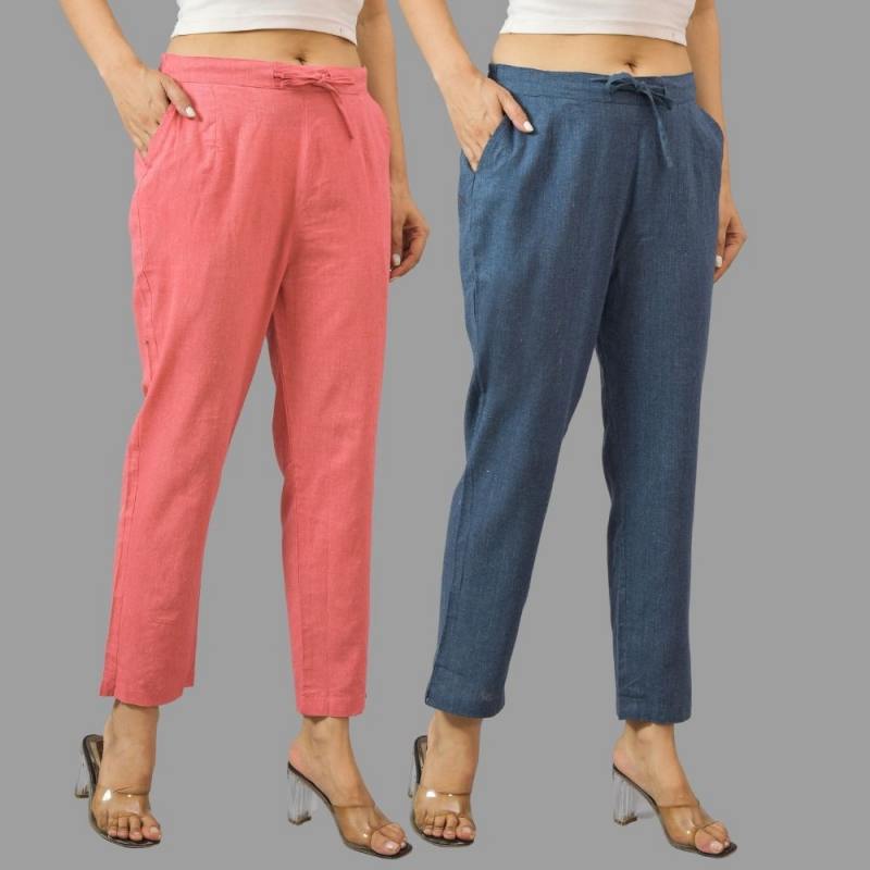 Combo of 2 Peach and Navy Blue Cotton Flax Women Trouser Pants-11395