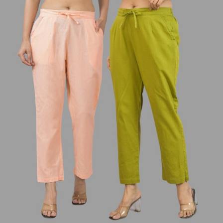 Combo of 2 Peach and Olive Green Cotton Flax Women Trouser Pants-11368
