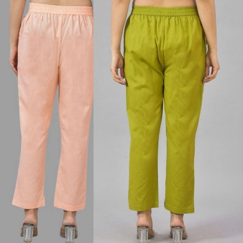 Combo of 2 Peach and Olive Green Cotton Flax Women Trouser Pants-11368