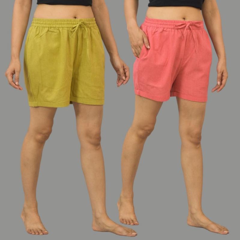 Combo of 2 Peach and Olive Green Cotton Women Shorts-10574