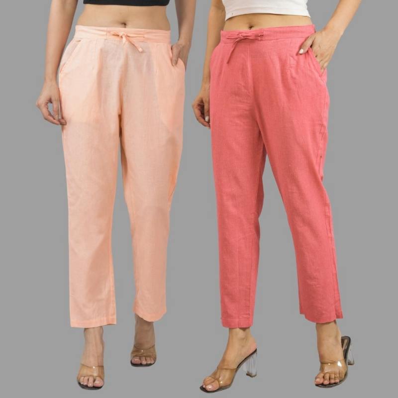 Combo of 2 Peach and Peach Cotton Flax Women Trouser Pants-11356