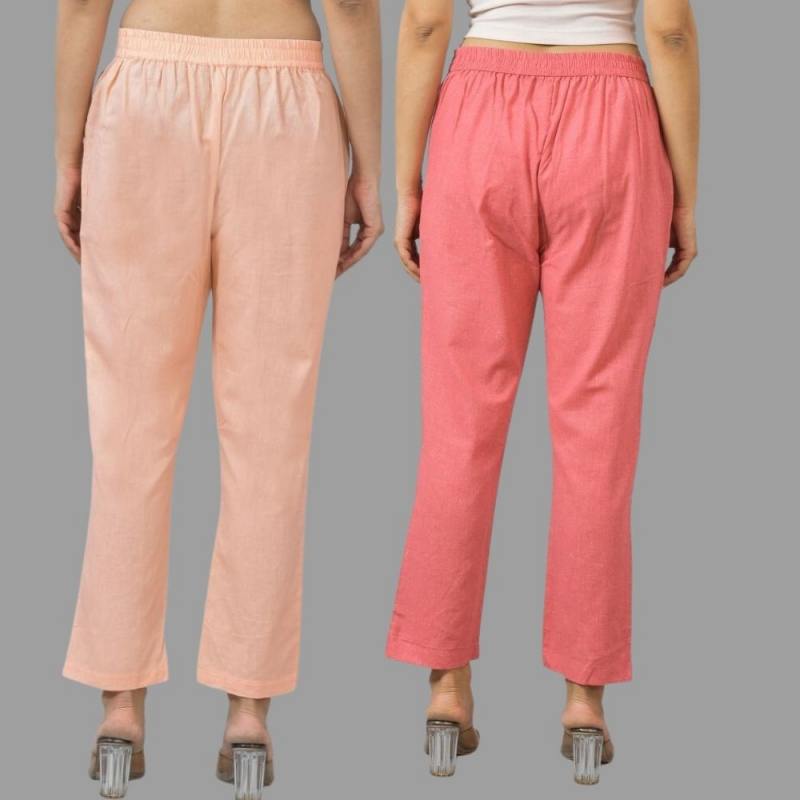 Combo of 2 Peach and Peach Cotton Flax Women Trouser Pants-11356