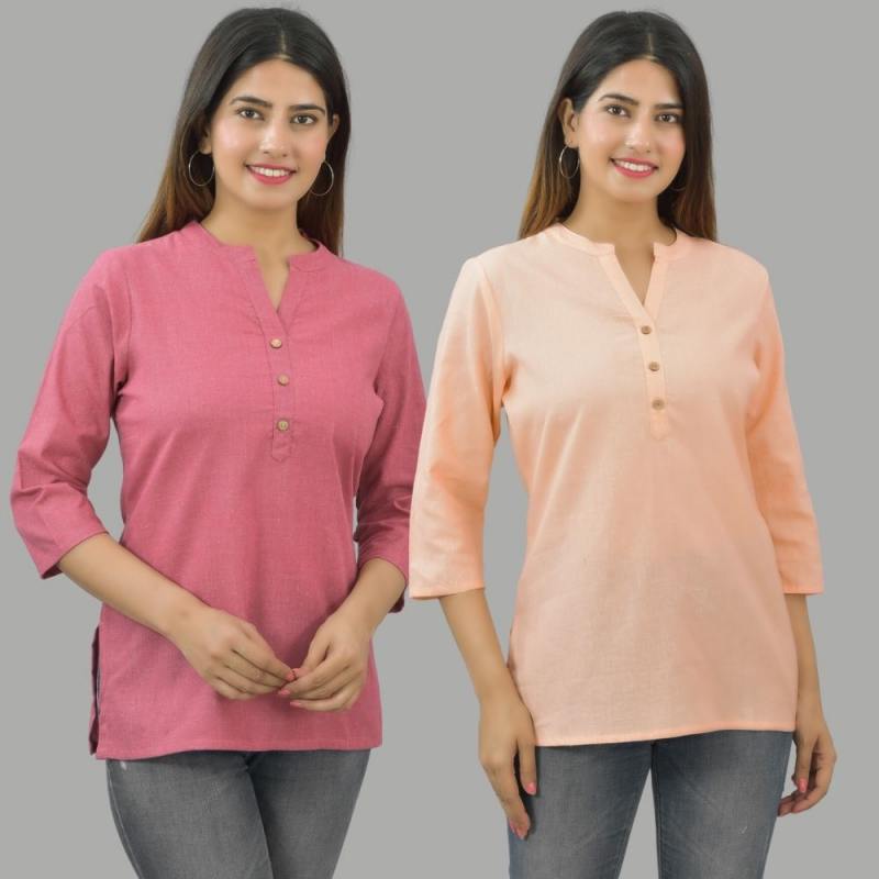 Combo of 2 Peach and Pink Cotton Flax Women Top-10689