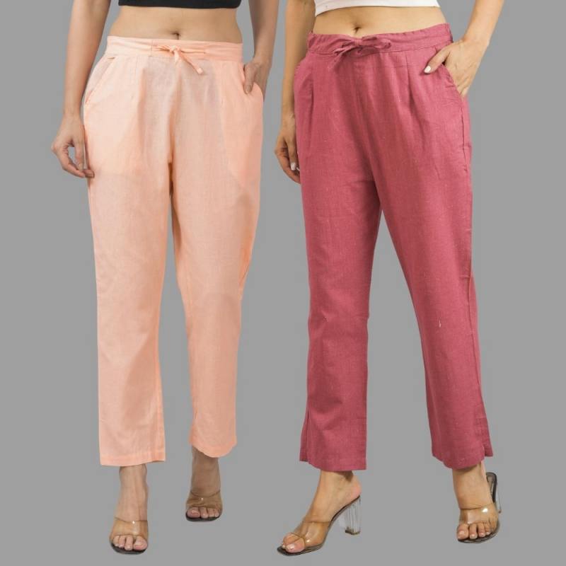 Combo of 2 Peach and Pink Cotton Flax Women Trouser Pants-11355
