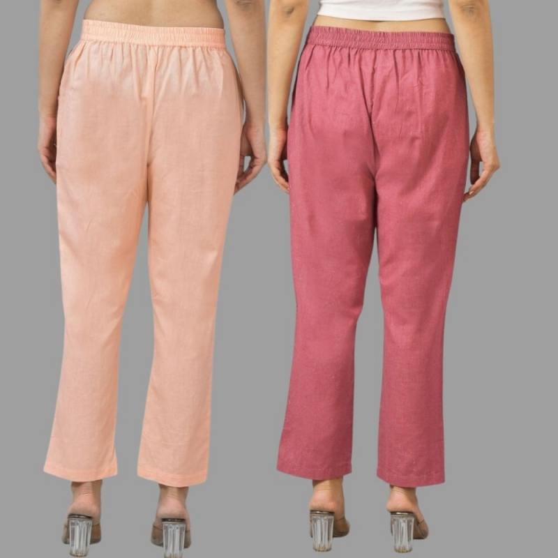Combo of 2 Peach and Pink Cotton Flax Women Trouser Pants-11355