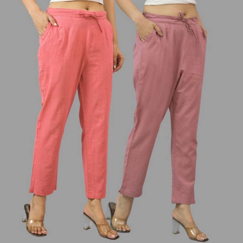 Combo of 2 Peach and Pink Cotton Flax Women Trouser Pants-11406