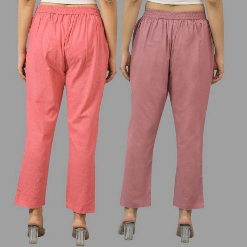 Combo of 2 Peach and Pink Cotton Flax Women Trouser Pants-11406