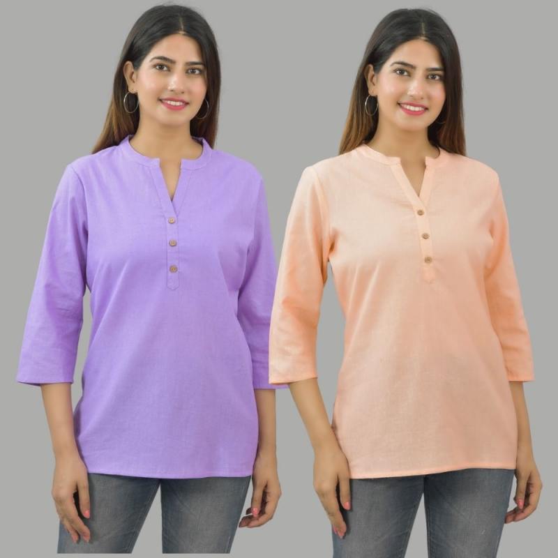 Combo of 2 Peach and Purple Cotton Flax Women Top-10692