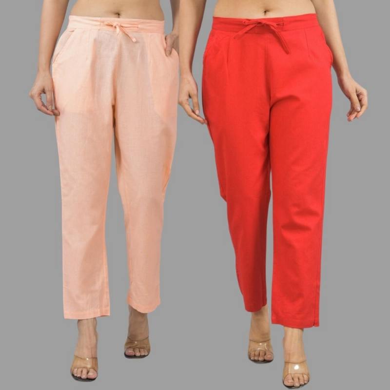 Combo of 2 Peach and Red Cotton Flax Women Trouser Pants-11370