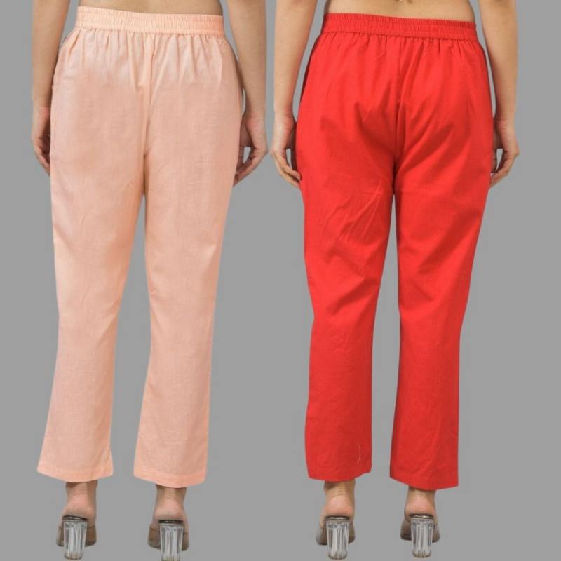 Combo of 2 Peach and Red Cotton Flax Women Trouser Pants-11370