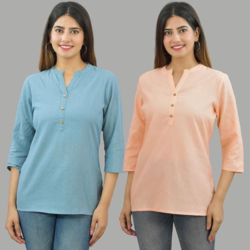 Combo of 2 Peach and Sky Blue Cotton Flax Women Top-10685