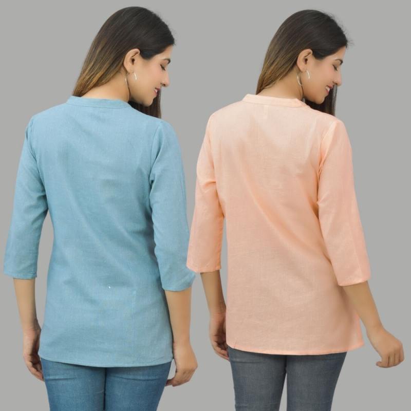 Combo of 2 Peach and Sky Blue Cotton Flax Women Top-10685