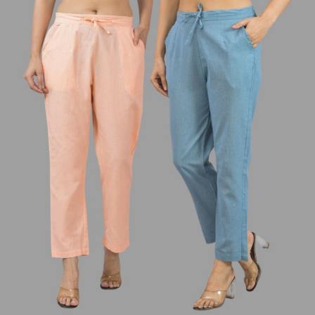 Combo of 2 Peach and Sky Blue Cotton Flax Women Trouser Pants-11371